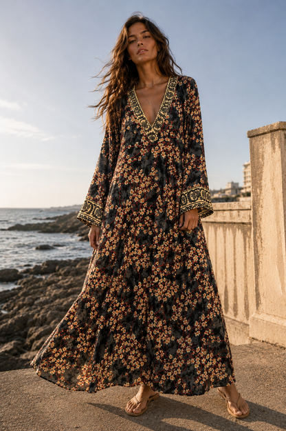 Vestido Sora – Negro Dorado y Cerezo